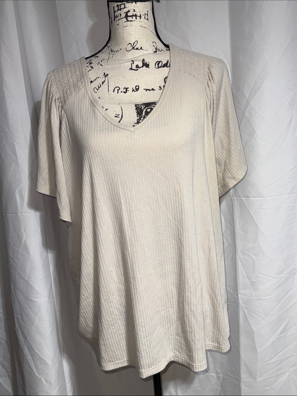 Terra & Sky Cream V-Neck Short Sleeve Ribbed Top